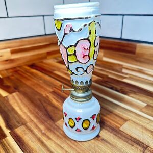 Vintage Mini Hand-Painted Milk Glass Oil Lamp –Faux Stained Glass Decor – 8.5”